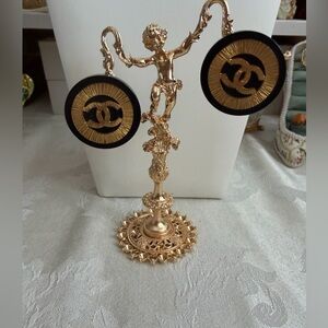 Chanel 24k gold plated Y2k large cc signed Gold and Black Logo Drop Earrings
